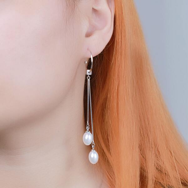 

Gold Plated Faux Pearl Decor Drop Earrings, Silver
