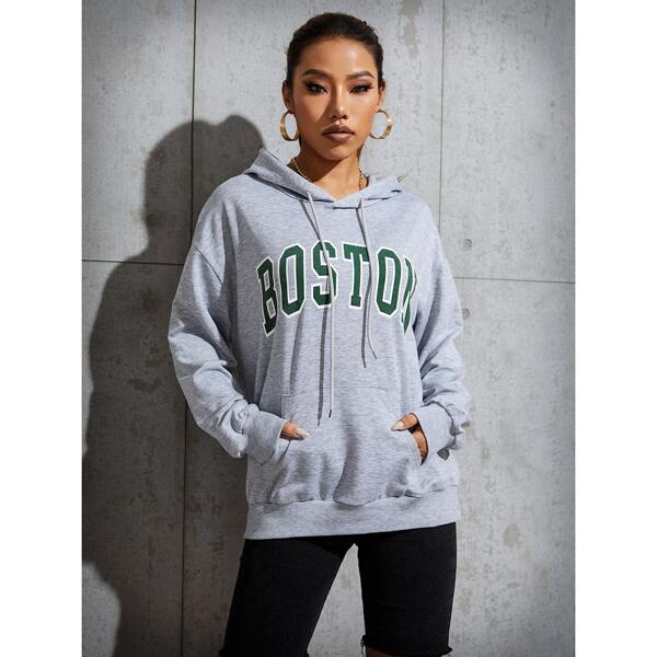 

Letter Graphic Kangaroo Pocket Hoodie, Grey