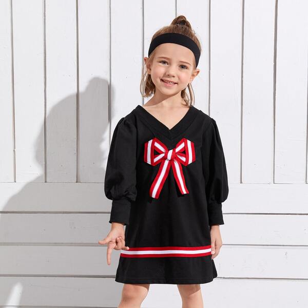 

Toddler Girls Decor Bow Striped Dress, Black