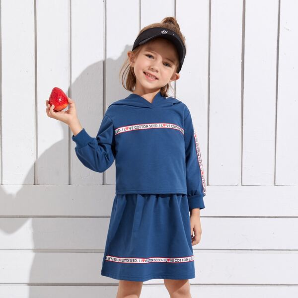 

Toddler Girls Slogan Graphic Tape Hoodie With Skirt, Navy blue