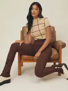 SHEIN Unity 褶邊螺紋針織緊身打底褲 - 巧克力棕 - 查看 1