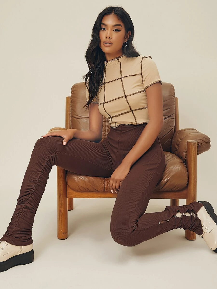 SHEIN Unity 褶邊螺紋針織緊身打底褲 - 巧克力棕 - 查看 1