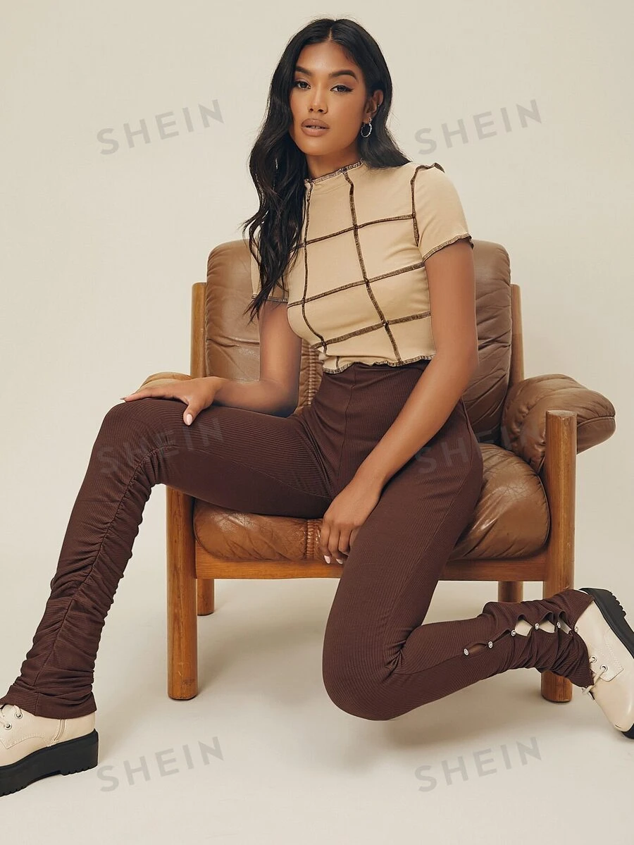 SHEIN Unity Leggings de canalé con diamante de imitación con botón con abertura - Marrón Chocolate - Ver 1