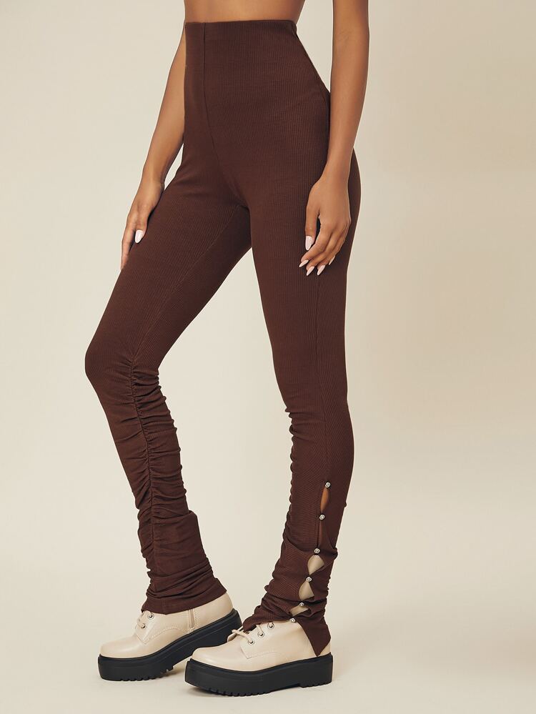 Ribbed Rhinestone Button Cutout Leggings
