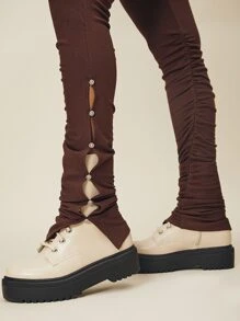 SHEIN Unity 褶邊螺紋針織緊身打底褲 - 巧克力棕 - 查看 4