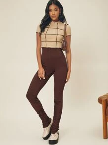 SHEIN Unity 褶邊螺紋針織緊身打底褲 - 巧克力棕 - 查看 5