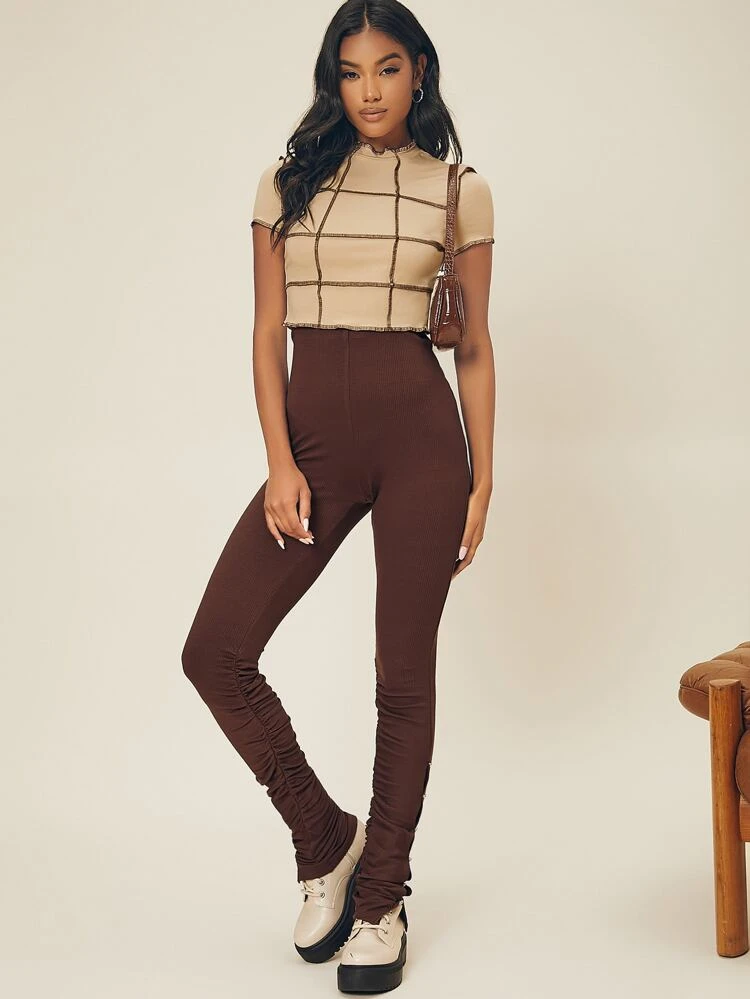 Ribbed Rhinestone Button Cutout Leggings