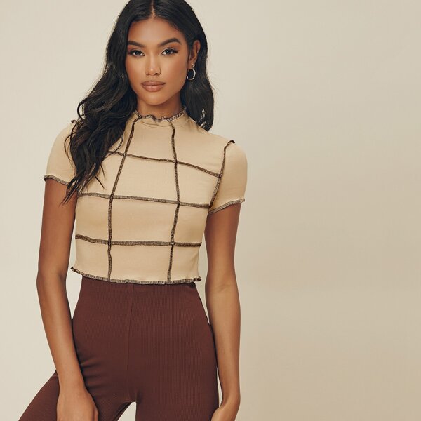 

Contrast Stitch Grid Print Cropped Tee, Beige