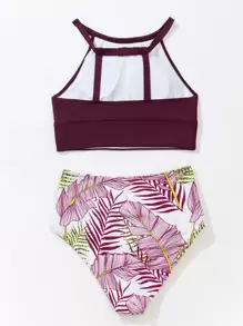 SHEIN Swim 夏季沙灘熱帶植物葉印花高腰比基尼 - 彩色 - 查看 2