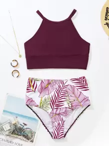 SHEIN Swim 夏季沙灘熱帶植物葉印花高腰比基尼 - 彩色 - 查看 4