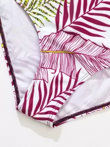SHEIN Swim 夏季沙灘熱帶植物葉印花高腰比基尼 - 彩色 - 查看 6