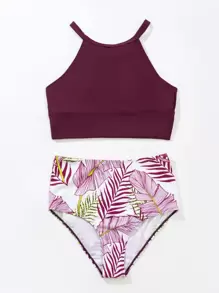 SHEIN Swim 夏季沙灘熱帶植物葉印花高腰比基尼 - 彩色 - 查看 7