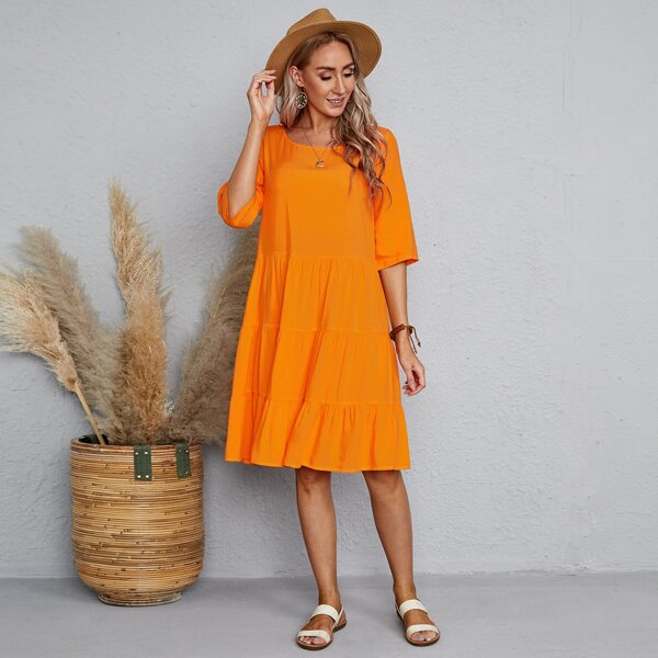 

Solid Ruffle Hem Smock Dress, Orange