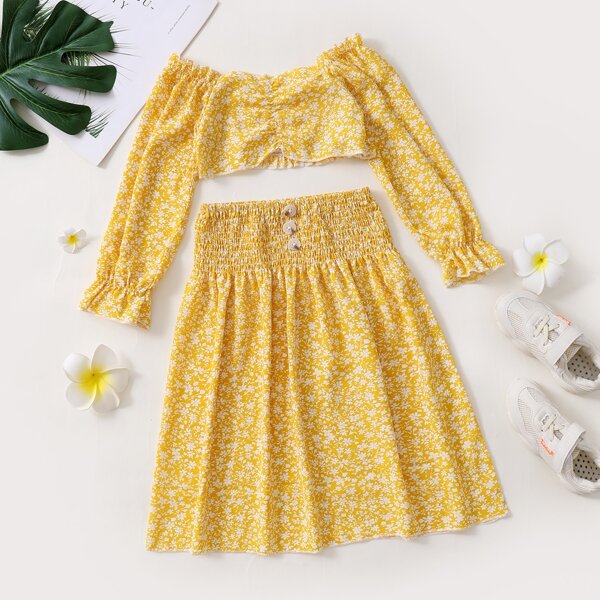 

Toddler Girls Ditsy Floral Print Shirred Crop Top & Skirt, Yellow