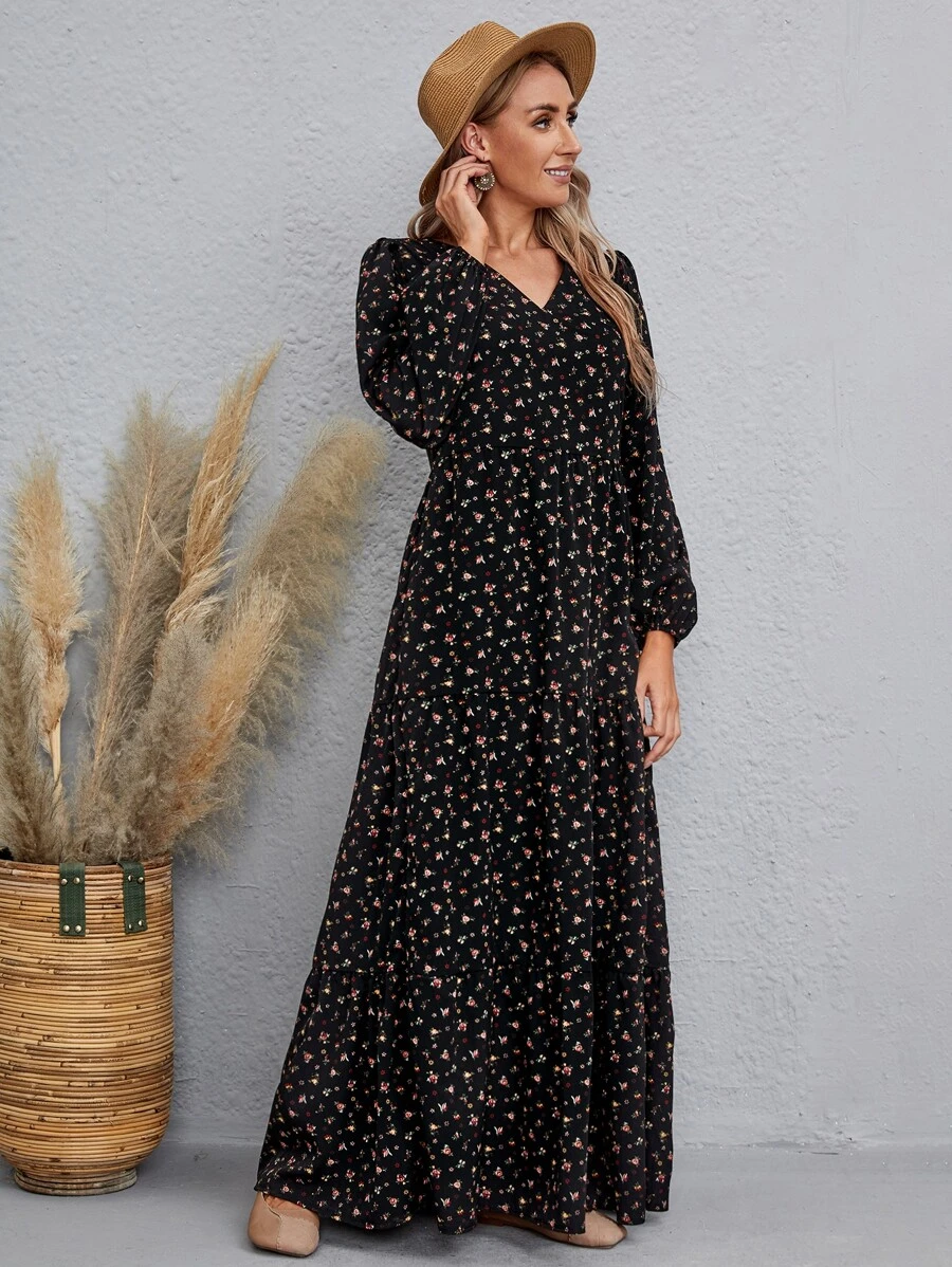 SHEIN LUNE Ditsy Floral Bishop Sleeve Dress - Black - View 1