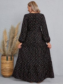 SHEIN LUNE Ditsy Floral Bishop Sleeve Dress - Black - View 2