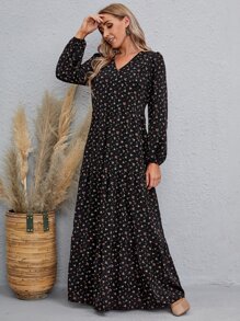 SHEIN LUNE Ditsy Floral Bishop Sleeve Dress - Black - View 3