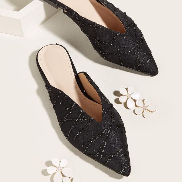 

Metallic Point Toe Flat Mules, Black