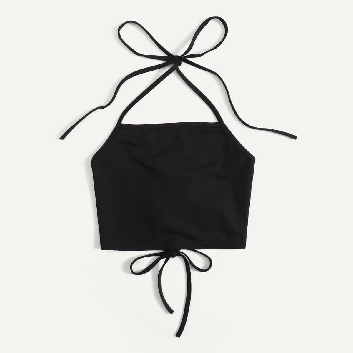 

Solid Knot Hem Halter Top, Black