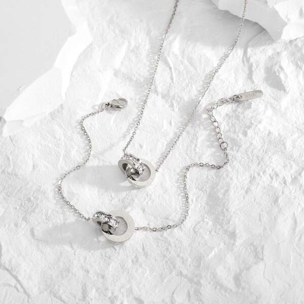 

Zircon Round Charm Necklace & Bracelet, Silver
