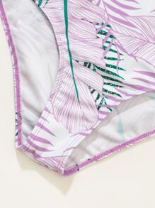 Swim Lushoire Summer Beach Leaf Pattern High Waisted Bikini - Purple - View 6