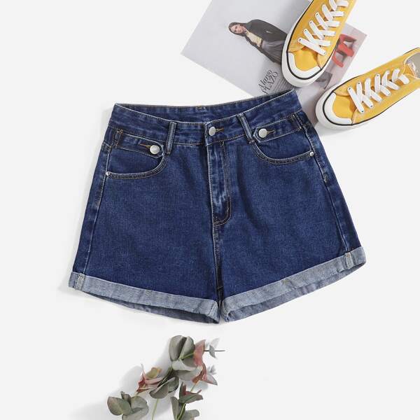 

Solid Rolled Hem Denim Shorts, Dark wash