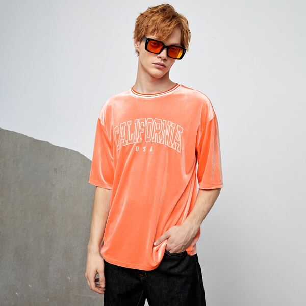 

Men Letter Embroidery Drop Shoulder Tee, Orange
