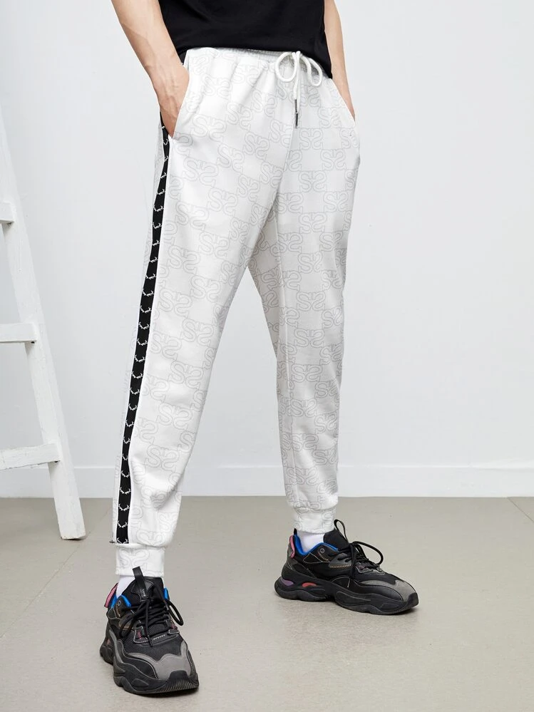 Hombres Pantalones deportivos con letra con con estampado de cornamenta en contraste con costura lateral - Blanco - Añade 1