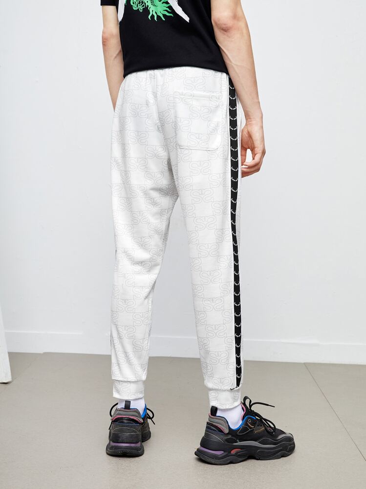 Hombres Pantalones deportivos con letra con con estampado de cornamenta en contraste con costura lateral - Blanco - Añade 2