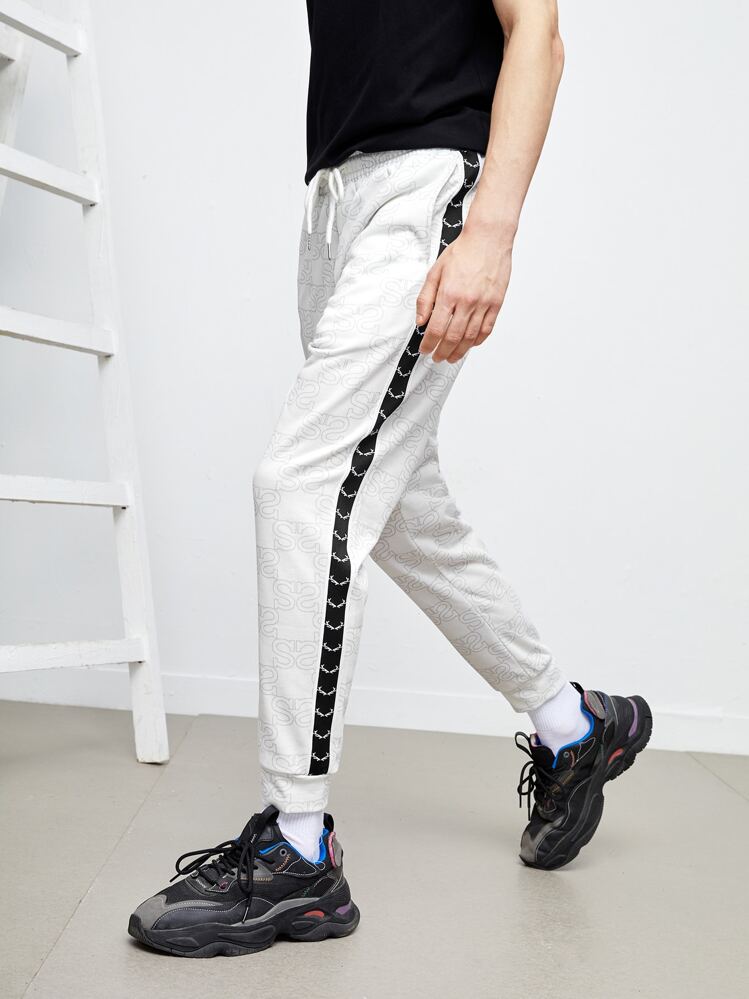 Hombres Pantalones deportivos con letra con con estampado de cornamenta en contraste con costura lateral - Blanco - Añade 3