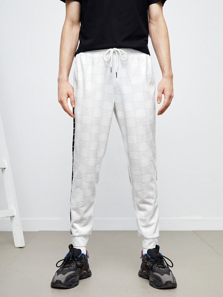Hombres Pantalones deportivos con letra con con estampado de cornamenta en contraste con costura lateral - Blanco - Añade 4