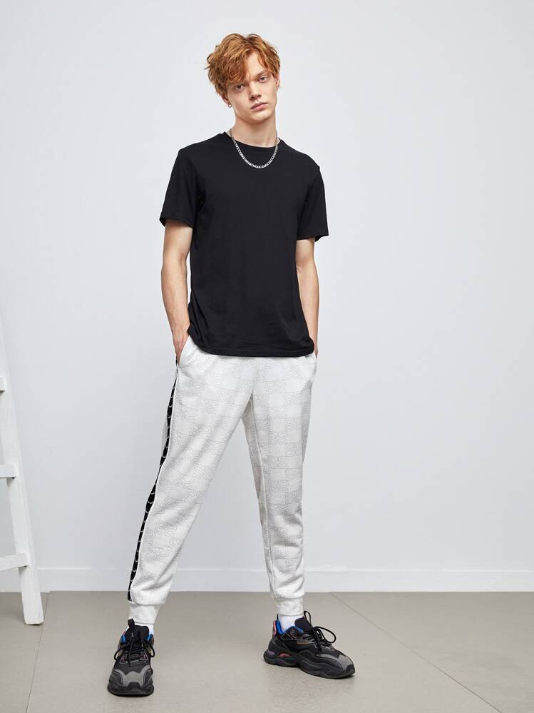 Hombres Pantalones deportivos con letra con con estampado de cornamenta en contraste con costura lateral - Blanco - Añade 5