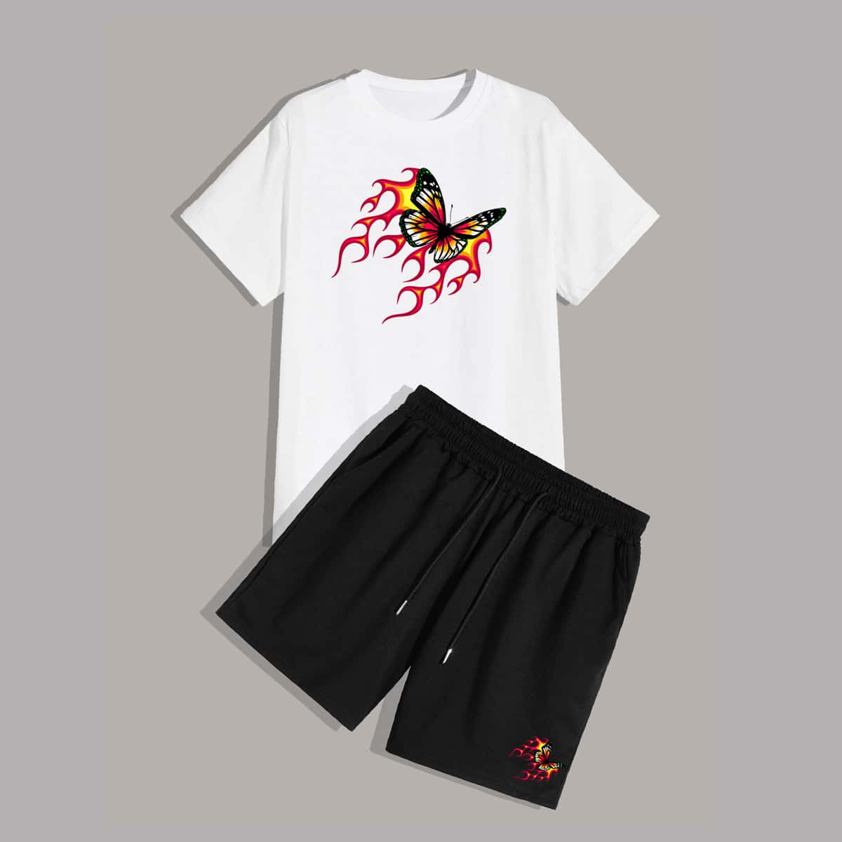 

Guys Butterfly & Fire Graphic Tee & Drawstring Shorts, Black and white
