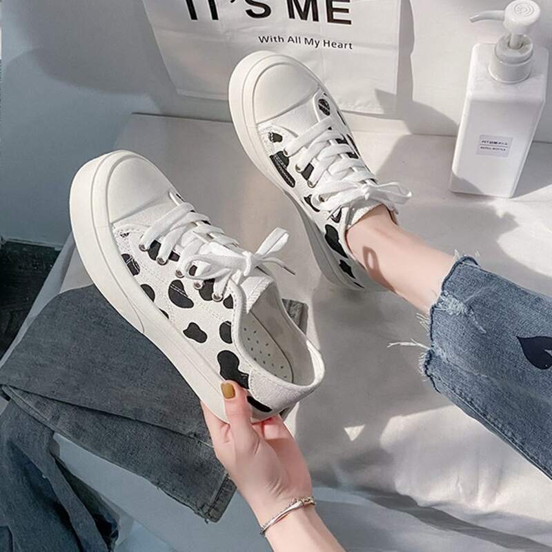 

Lace-up Front Cow Print Canvas Shoes, Black and white