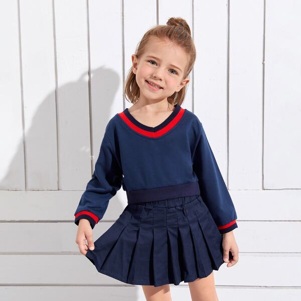 

Toddler Girls Striped Trim Sweatshirt With Pleated Skirt, Navy blue