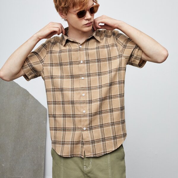 

Men Button Front Plaid Shirt, Khaki