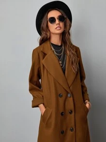 Lapel Collar Longline Pea Coat - Brown - View 3