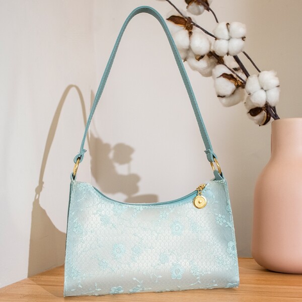 

Floral Embroidery Baguette Bag, Baby blue