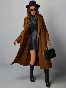 Lapel Collar Longline Pea Coat - Brown - View 4