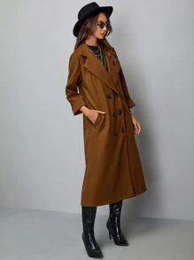 Lapel Collar Longline Pea Coat - Brown - View 5