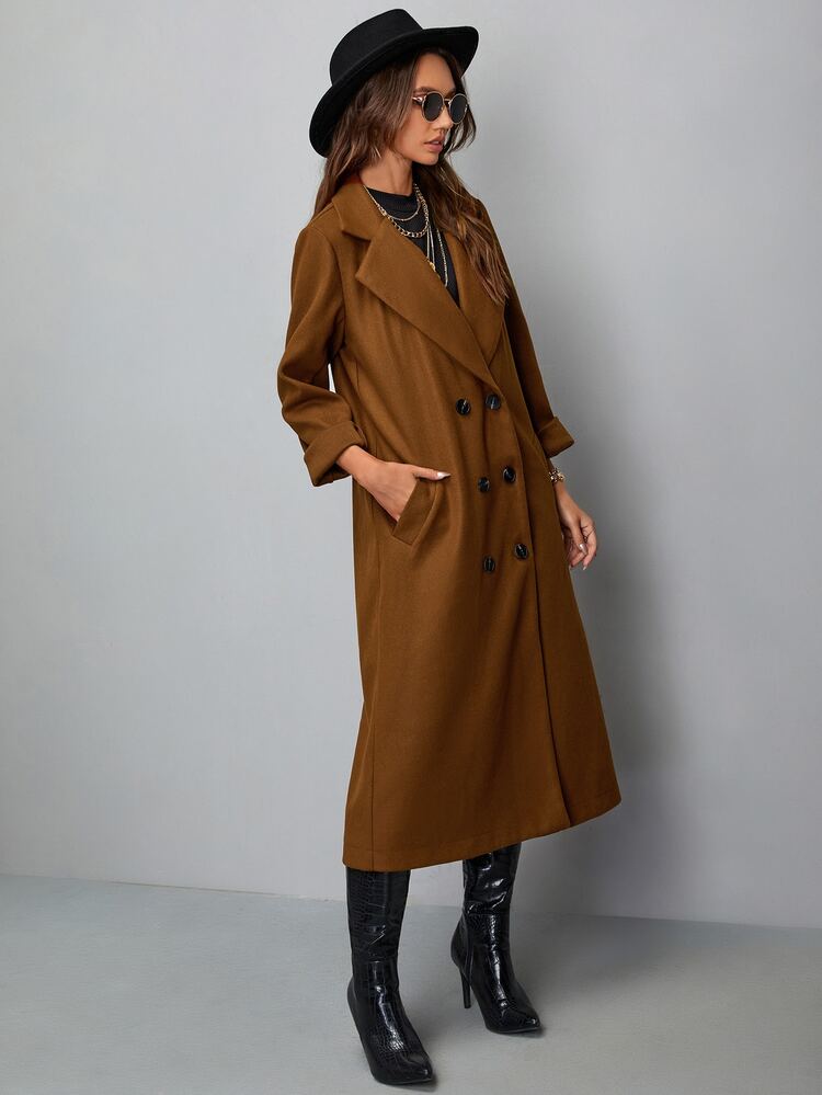 Lapel Collar Longline Pea Coat - Brown - View 5