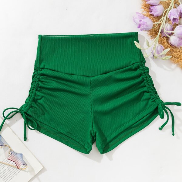 

Solid Drawstring Side Bikini Shorts, Dark green