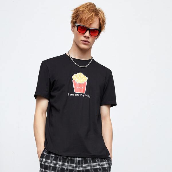 

Men French Fries & Slogan Graphic Tee & Plaid Pants, Black