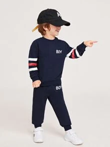 SHEIN Young Boy Contrast Sleeve Letter Graphic Sweatshirt & Sweatpants - Navy Blue - View 1