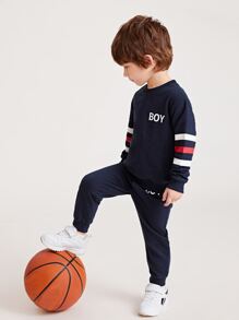 SHEIN Young Boy Contrast Sleeve Letter Graphic Sweatshirt & Sweatpants - Navy Blue - View 3
