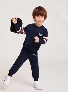 SHEIN Young Boy Contrast Sleeve Letter Graphic Sweatshirt & Sweatpants - Navy Blue - View 4