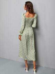 SHEIN Holidaya Đầm Lộ Lưng Dải chun Họa tiết hoa Boho - Màu xanh Bạc hà - Xem 2