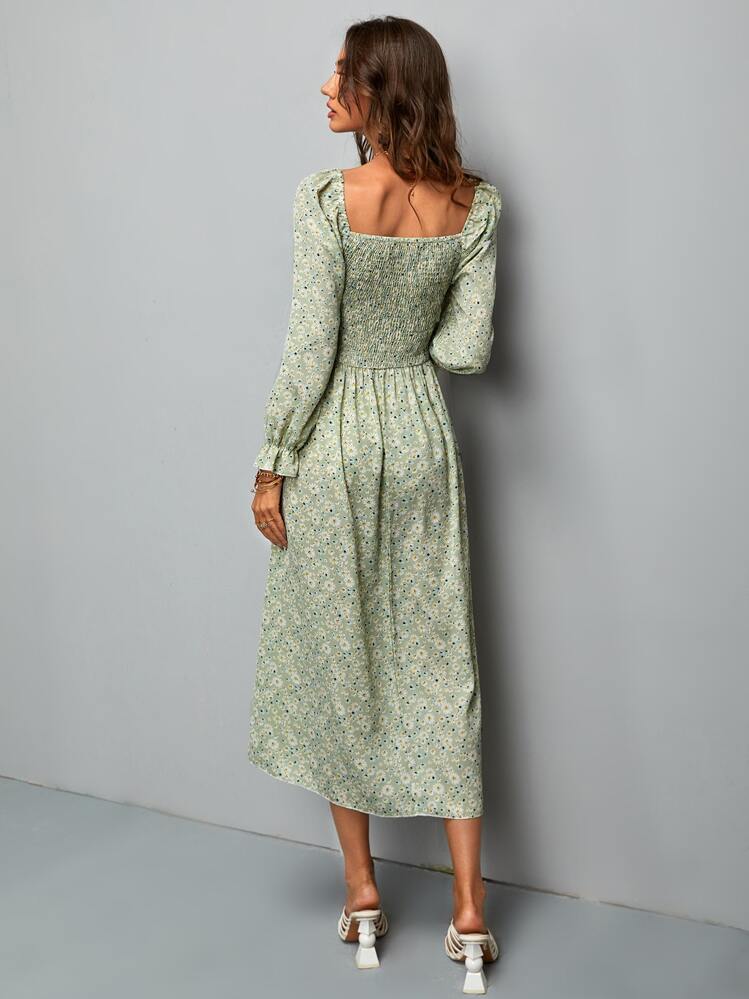 SHEIN Holidaya Robe trapèze fleurie à manches évasées - Vert menthe - Voir 2