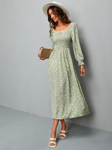 SHEIN Holidaya Đầm Lộ Lưng Dải chun Họa tiết hoa Boho - Màu xanh Bạc hà - Xem 4