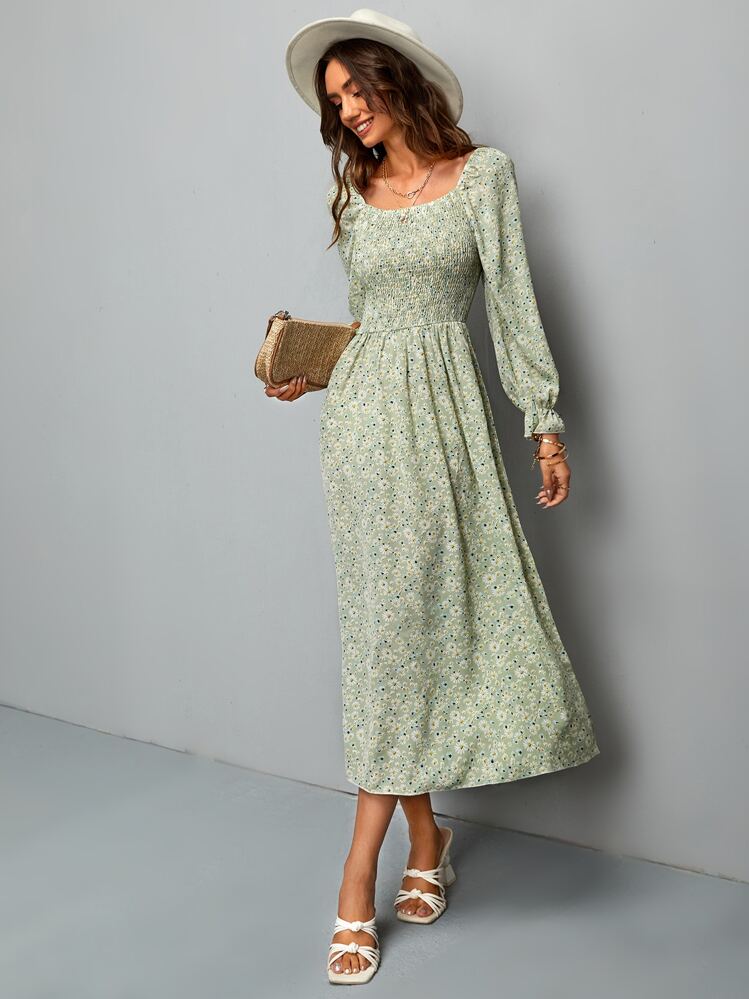 SHEIN Holidaya Robe trapèze fleurie à manches évasées - Vert menthe - Voir 4